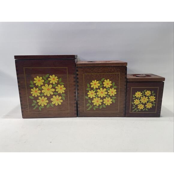 Vintage Imperial Floral Painted 3-Piece Hand Made Hardwood Kitchen Container Set - Picture 2 of 16